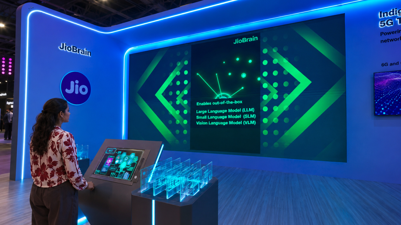 Woman uses a touchscreen console inside the JioBrain digital experience setup